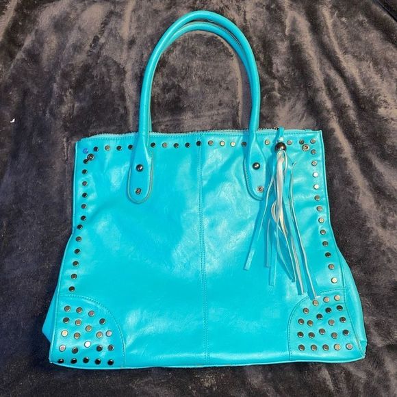 Revolution Turquoise Blue Leather Studded Shoulder Bag Top Handle Purse Tassel - Picture 1 of 13